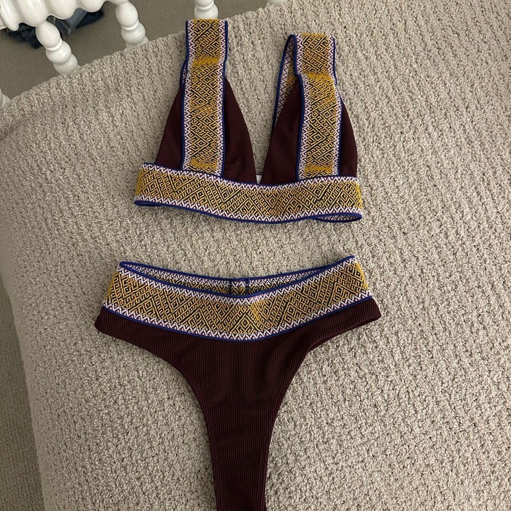 Elysiian Maroon and Yellow Patterned Bikini Set